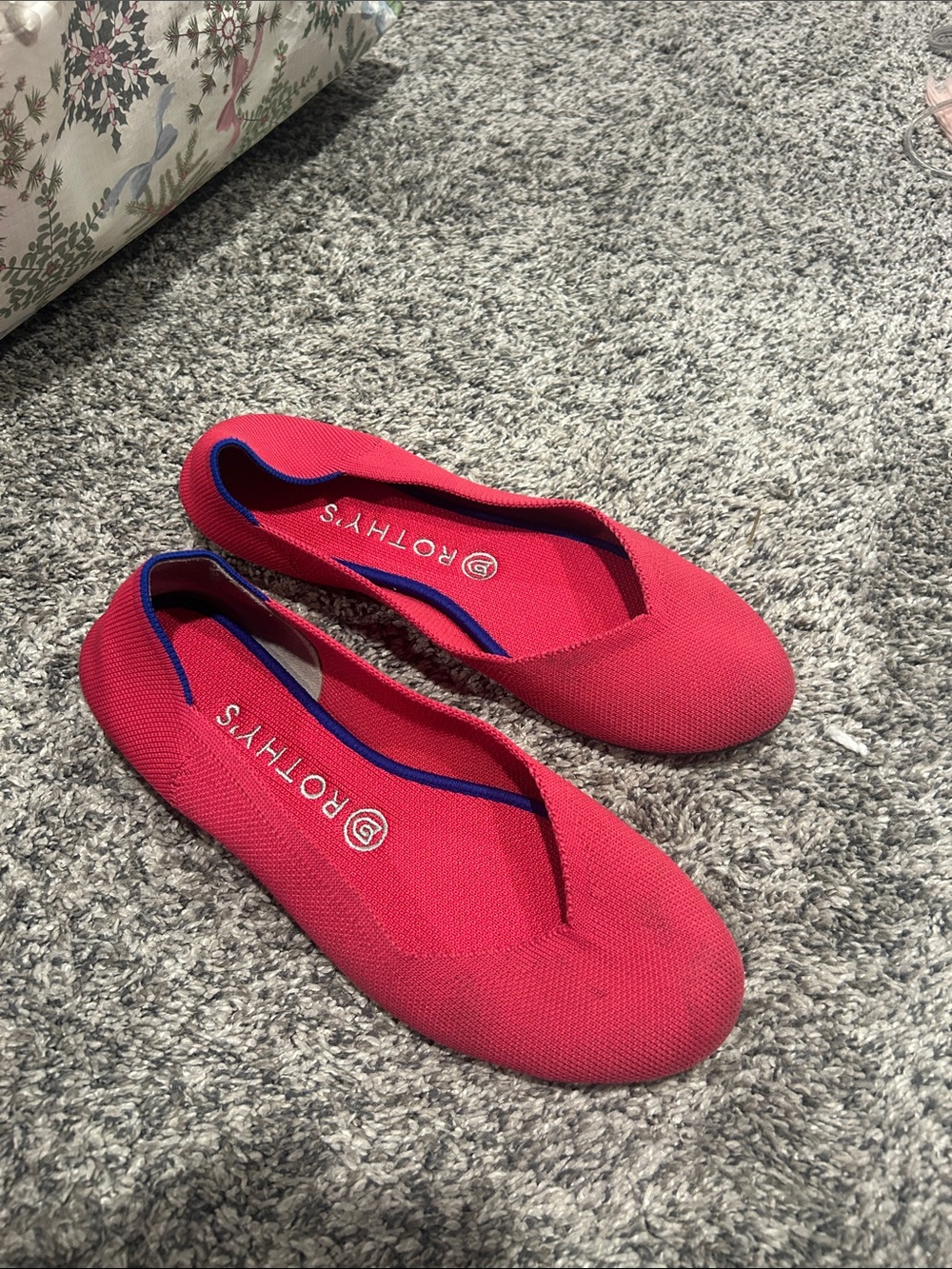 Rothy's Red Knit Slip-On Flats with Blue Trim
